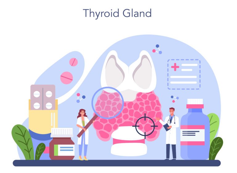 Imagem com dois médicos analisando a glândula de tireoide. O ícone da endiocrinologia