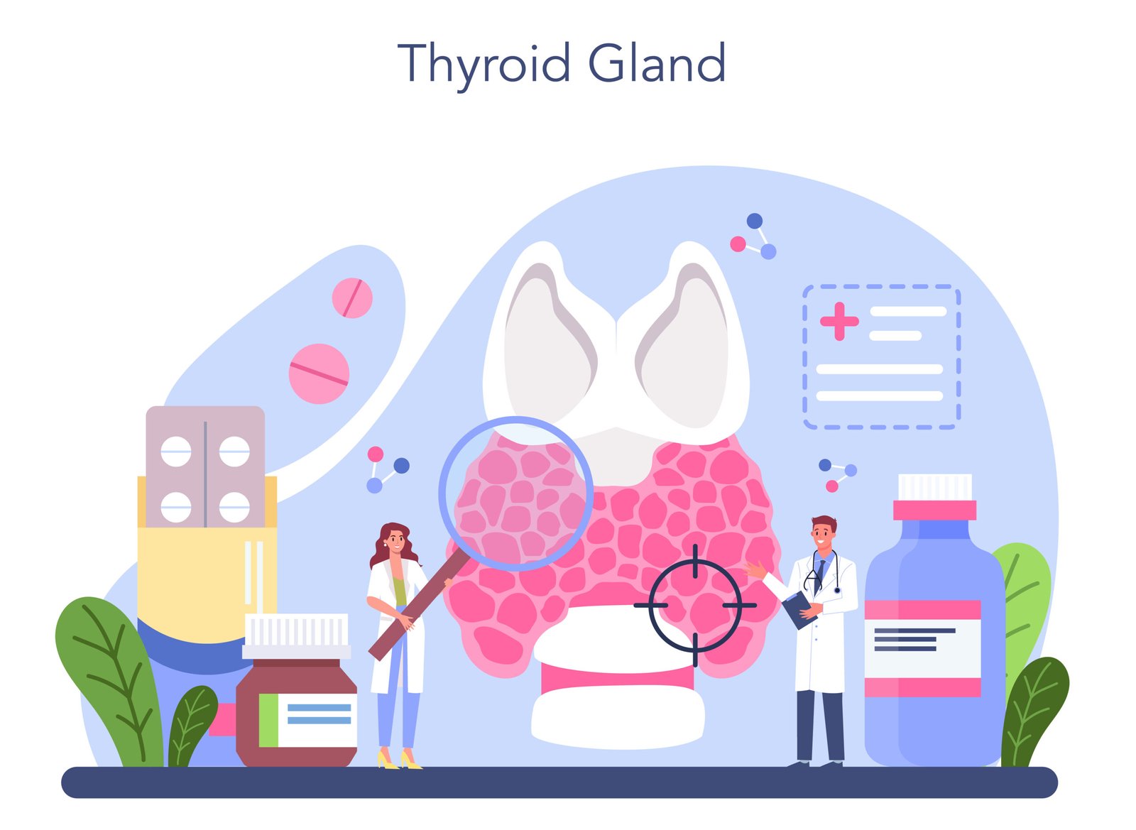 Imagem com dois médicos analisando a glândula de tireoide. O ícone da endiocrinologia